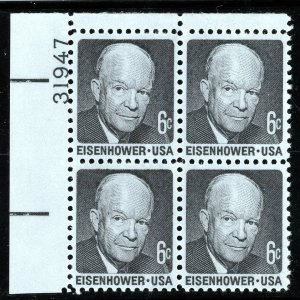 1970 Dwight D Eisenhower Plate Block Of 4 6c Postage Stamps, Sc# 1393, MNH, OG