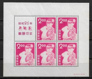 1951 Japan 522a Girl with Rabbit MNH S/S of 5 with minor printing flaws