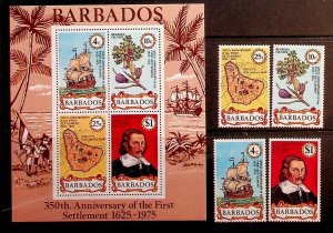 BARBADOS Sc 428-31+431a NH SET+S/S OF 1975 - FIRST SETTLEMENT