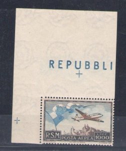 1951 SAN MARINO, Air Mail, 1000 Lire, n . 99 Bandierone MNH **, Cer