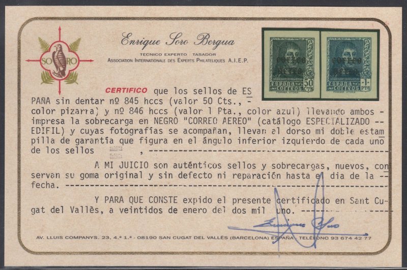 1938 SPAIN FERNANDO CATHOLIC IMPERF VARIETY (ED.845hccs-846hccs) MNH VF