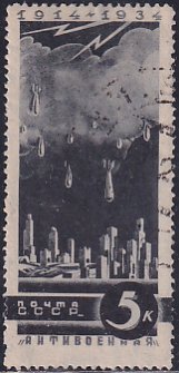 Russia 1935 Sc 546 Bombs Falling On City Anti-War Horrors Propoganda Stamp Used