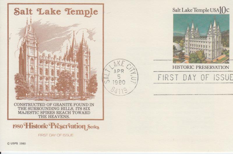 1980 Salt Lake Temple Post Card (Scott UX83) FDOI Fleetwood