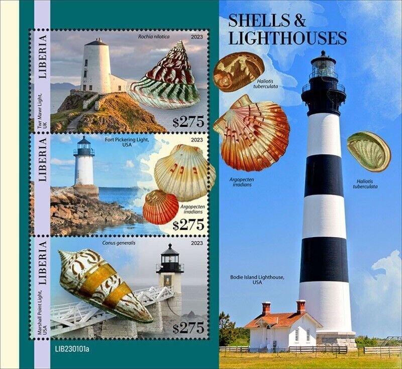 Liberia - 2023 Shells and Lighthouses, Bat Scallop - 3 Stamp Sheet - LIB230101a