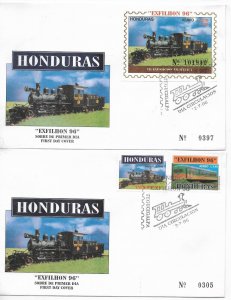 HONDURAS 1996 LOCOMOTIVES TRAINS RAILWAYS EXFILHON 96 FIRST DAY COVER  FDC