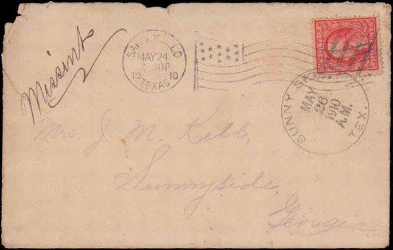 TEXAS TOM GREEN CTY (1910 San Angelo) #942 Flag+Damage+Sunnyside Tx DPO