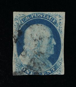 GENUINE SCOTT #7 F-VF USED 1851 BLUE 1¢ TYPE-II DESIGN BLACK TOWN CANCEL #16053