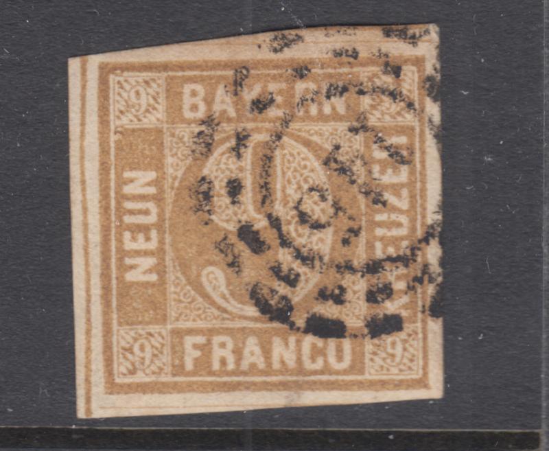 Bavaria Sc 12 used. 1862 9kr bister Numeral, 145 open Millwheel cancel.