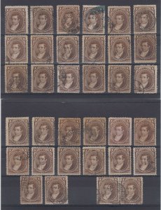 ARGENTINA 1873 MORENO Sc 23 THIRTY FOUR STAMPS ON CARDS SHADES & CANCELS