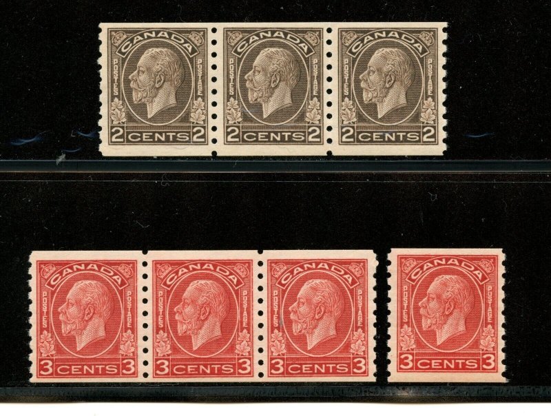 Canada #206 (3), #207 (4) (C637) Coils, Perf 8 1/2, King George V, MNH,CV$227.50