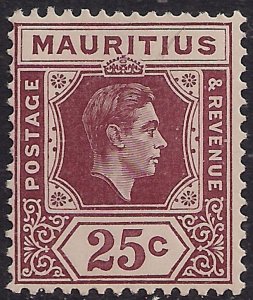 Mauritius 1938 - 49 KGV1 25ct Brown Purple MM SG 259 CV £23 ( F670 )