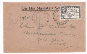 Fiji 1940 Neat registered OHMS envelope to New York uprated 6d die II - nice