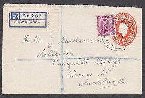 NEW ZEALAND 1950 GVI 2d envelope + 4d registered ex KAWAKAWA................B598