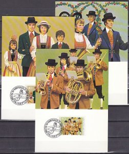 Liechtenstein, Scott cat. 694-696. costumes & Marching Band. Max. Cards. ^