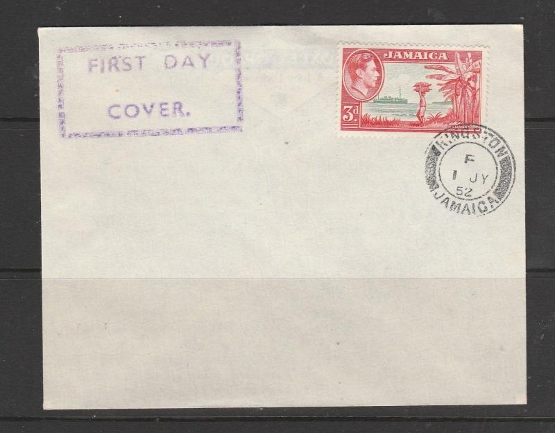 Jamaica GV1 FDC 1952 3d Green & scarlet, plain, Unaddressed