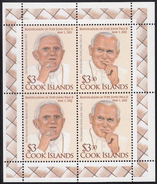 Cook Islands 2012 MNH Sc #1401 Sheet of 2 pairs Beatification of Pope John Pa...
