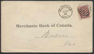 1899 #88 2c on 3c Numeral Provisional On Bank Cover Aurora ONT to Windsor