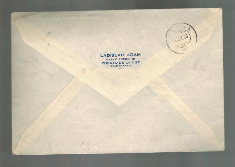 1938 Las Palmas Spain Registered Censored Cover to Tegna Switzerland