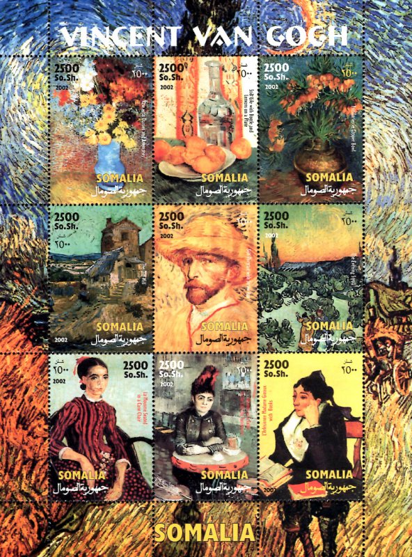 Somalia 2002 Famous Paintings by Vincent Van Gogh 9v Mint Full Sheet. (L-153)