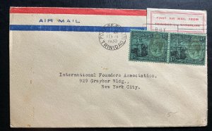1930 Port Spain Trinidad & Tobago First Flight Airmail Cover FFC To New York Jsa
