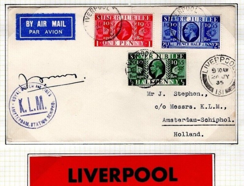GB KGV Jubilee Air Mail Cover KLM Signed LAST FLIGHT 1935 Label LIVERPOOL  DL256