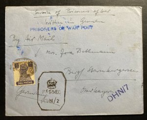 1942 Dehra Dun India POW Internment Camp  Censored Airmail Cover to Germany