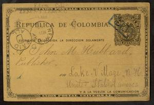 COLOMBIA 1898 2c Postal Card CALI to Lake Village NH USA w Blue Boxed CALI Cxl