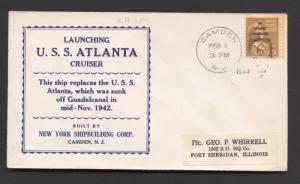 NAVAL COVER - USS ATLANTA CL-104 - LAUNCH - BECK PRINTED CACHET- DUPLEX CANCEL