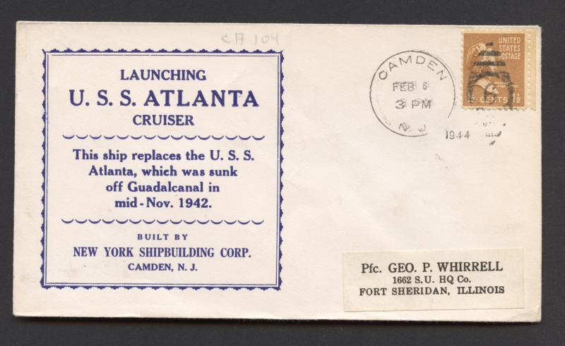 NAVAL COVER - USS ATLANTA CL-104 - LAUNCH - BECK PRINTED CACHET- DUPLEX CANCEL