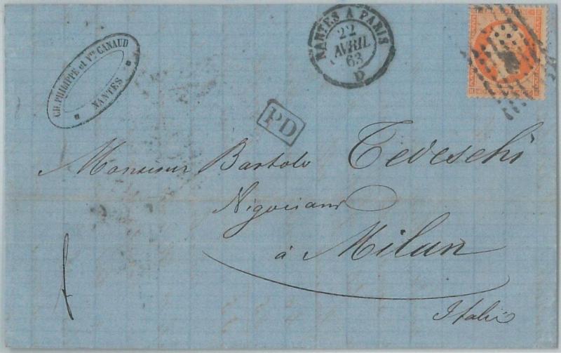 75191 - FRANCE - Postal History -  TRAIN AMBULANT Nantes Paris on COVER  1863