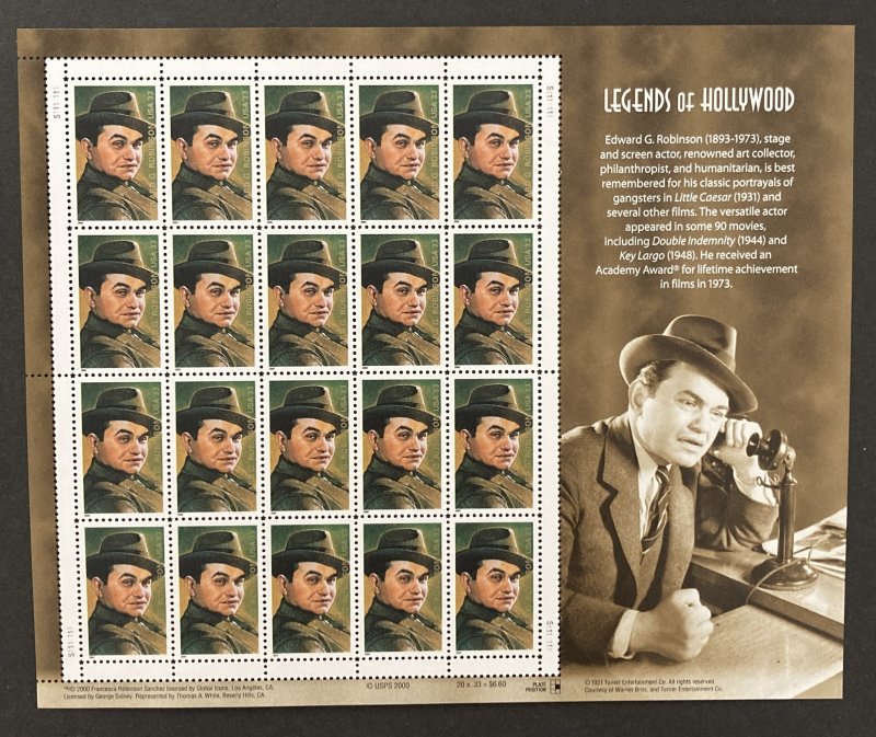 U.S. 2000 #3446 Sheet, Edward G. Robinson, MNH.