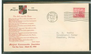 US  1934 3c Maryland Tercentenary on an addressed first day cover with a Maryland Association cachet.