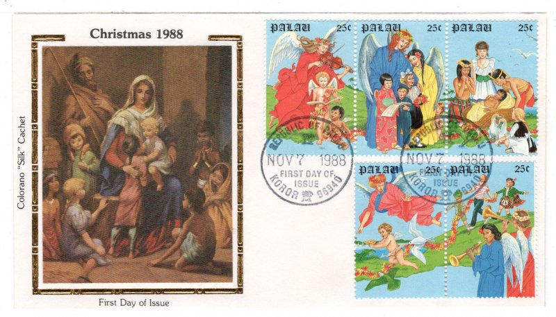 Palau - FDC - 1988 Christmas - # 292A - Colorano Silk Cachet - Strip