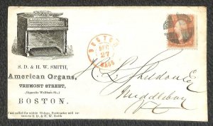 USA SCOTT #65 STAMP SMITH AMERICAN ORGANS BOSTON MASSACHUSETTS AD COVER 1860s