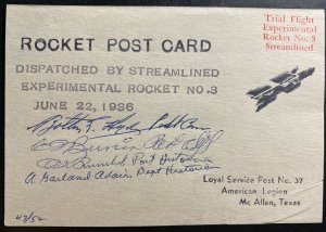 1936 McAllen TX USA Trail Flight Experimental Rocket Mail #3 Pc cover Signed