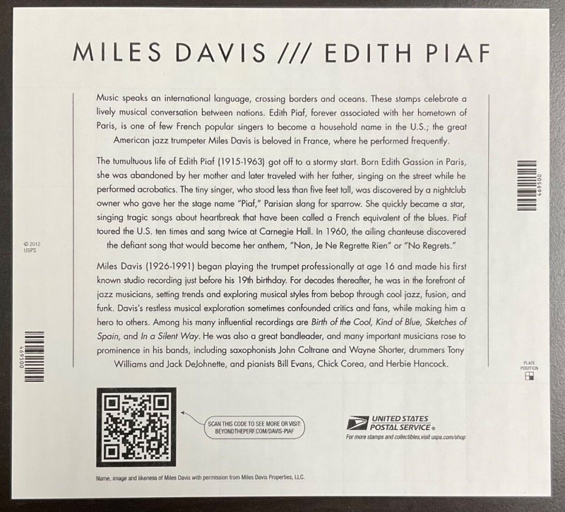4692-93 Miles Davis & Edith Piaf Sheet of 20 Forever FV $12.60  2012