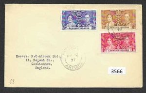 (3566) George VI Coronation 1937 Cover, Leeward Island,  Antigua, to England