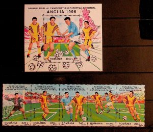 ROMANIA Sc 4108-9 NH STRIP+SOUVENIR SHEET OF 1996 - SOCCER WORLD CUP