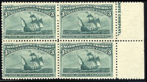 United States, 1893 Columbian Issue #232 Cat$300+, 1893 3c green, right margi...