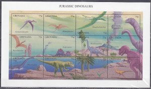 Grenada, Scott cat. 2312 a-l. Jurassic Dinosaur sheet of 12.