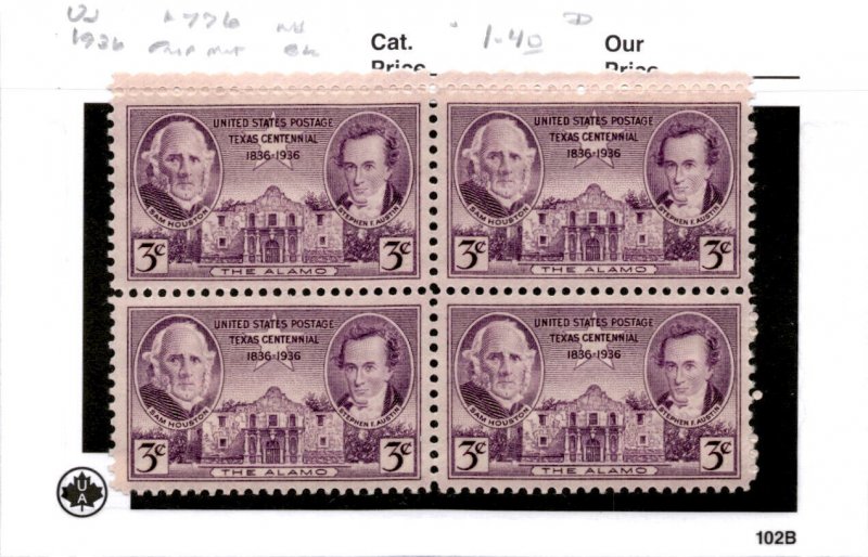 United States Postage Stamp, #776 Mint NH Block, 1936 Texas, Alamo (AD)