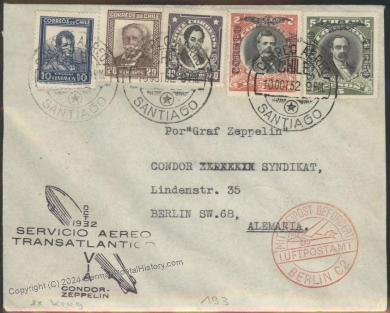 Chile 1932 Graf Zeppelin 8th SAF Flight Mi285Cc Cover Sieger Estate 113751