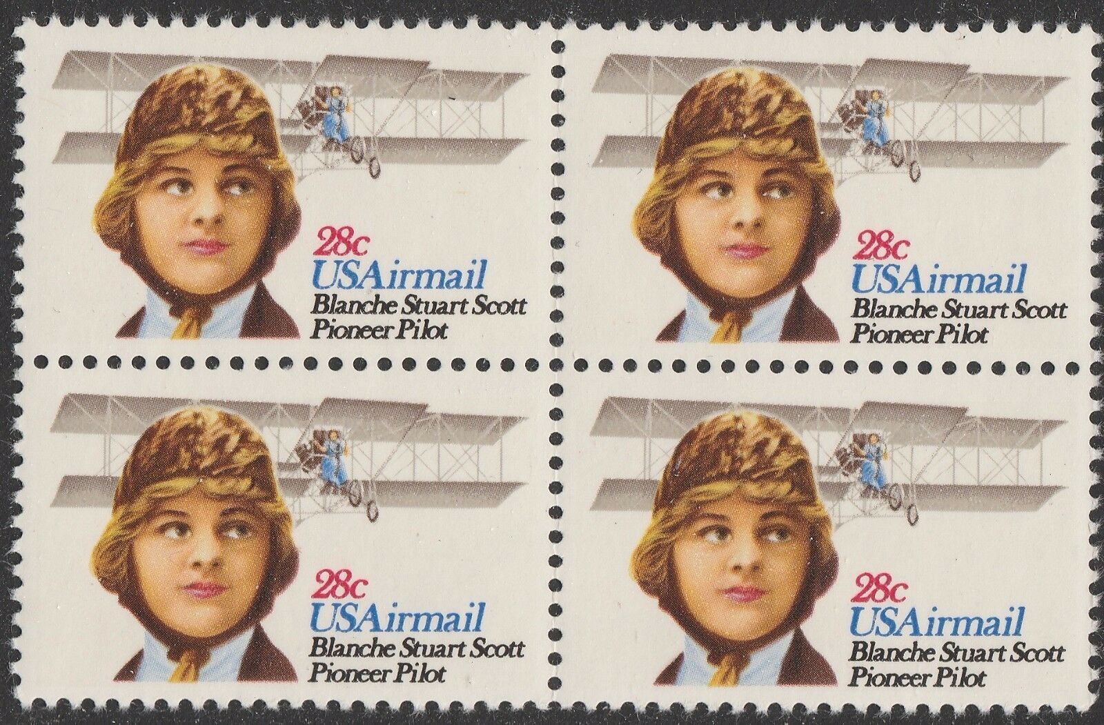1980 Blanche Stuart Scott, Pioneer Pilot Block of 4 28c Airmail Postage