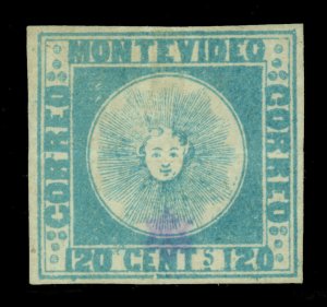 URUGUAY 1858  SUN   120c aqua blue  Scott # 4 mint  MH VF aspect