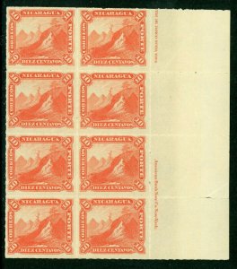 Nicaragua 1882 Momotombo  10¢ Orange Roulette Inscription Block of 8 V562