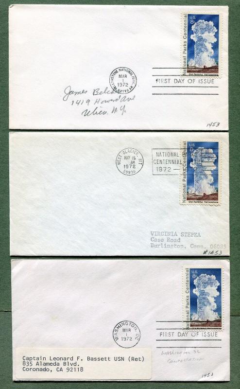 1972 #1453 YELLOWSTONE NATIONAL PARK - LOT OF 3 DIFFERENT FIRST DAY COVERS - FDC