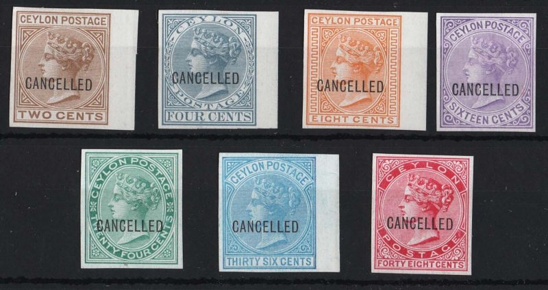 Ceylon 1872 7 imperf proofs to 48c on thin white card ovpt Cancelled sg121/31