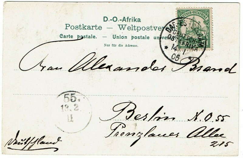 German East Africa 1905 Dar-es-Salaam cancel on postcard, shows native soldiers