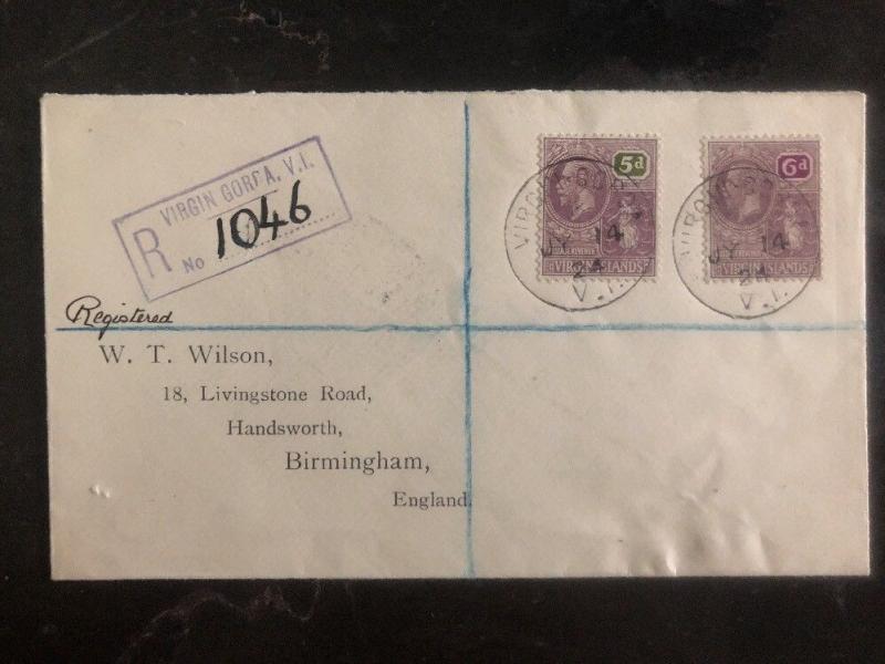 1924 Virgin Gorda British Virgin Island Registered Cover to Birmingham England