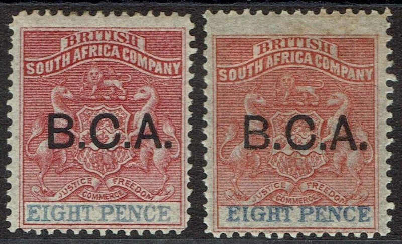 BRITISH CENTRAL AFRICA 1891 BCA OVERPRINTED ARMS 8D BOTH SHADES 